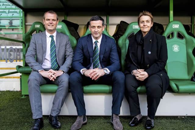 Hibs chief executive Leeann Dempster with new manager Jack Ross, centre, and sporting director Graeme Mathie in the home dug-out at Easter Road. Picture: Craig Williamson/SNS