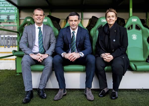 Hibs chief executive Leeann Dempster with new manager Jack Ross, centre, and sporting director Graeme Mathie in the home dug-out at Easter Road. Picture: Craig Williamson/SNS