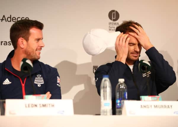 Andy Murray, right, and Leon Smith at a Davis Cup press conference in Madrid. Picture: Clive Brunskill/Getty