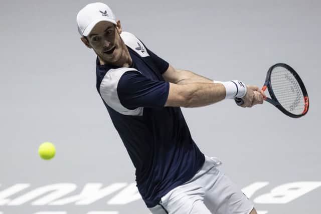 Andy Murray plays a backhand return to Tallon Griekspoor of the Netherlands during their Davis Cup group match in Madrid. Picture: Bernat Armangue)