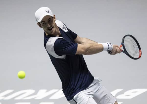 Andy Murray plays a backhand return to Tallon Griekspoor of the Netherlands during their Davis Cup group match in Madrid. Picture: Bernat Armangue)
