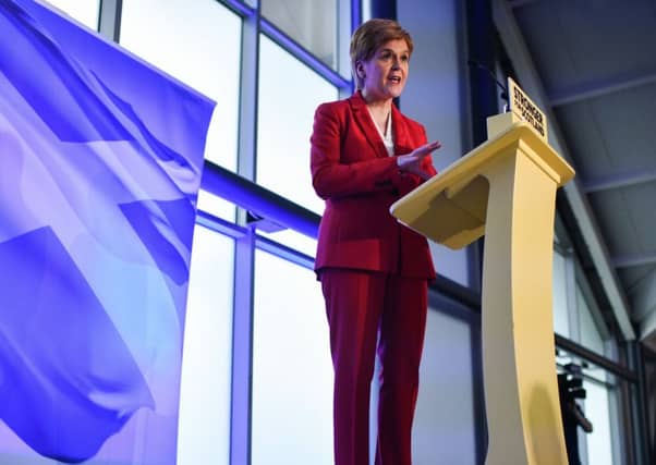 Nicola Sturgeon gives her keynote speech at The Quay in Dundee. Picture: Getty