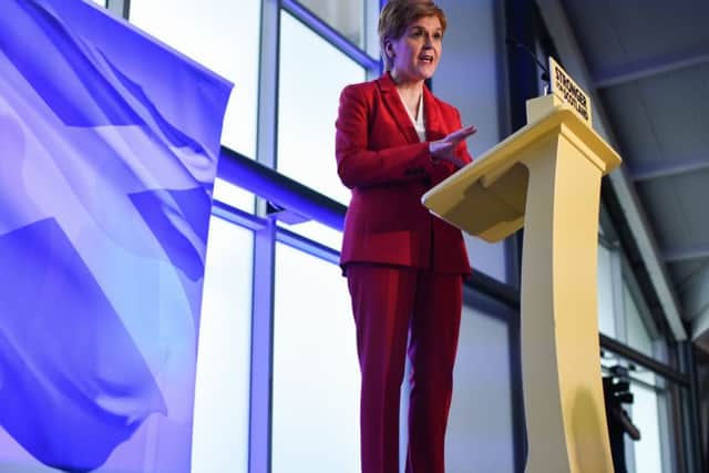 Nicola Sturgeon gives her keynote speech at The Quay in Dundee. Picture: Getty