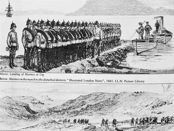 Illustration showing the arrival of the marines at Uig, Skye, in November 1884 and the march to the 'disturbed districts'. PIC: Am Baile/ Highlife Highland.