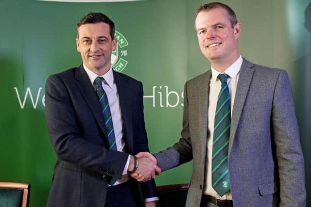 Hibernian sporting director Graeme Mathie, right, welcomes new manager Jack Ross to the club. Picture: Craig Williamson/SNS