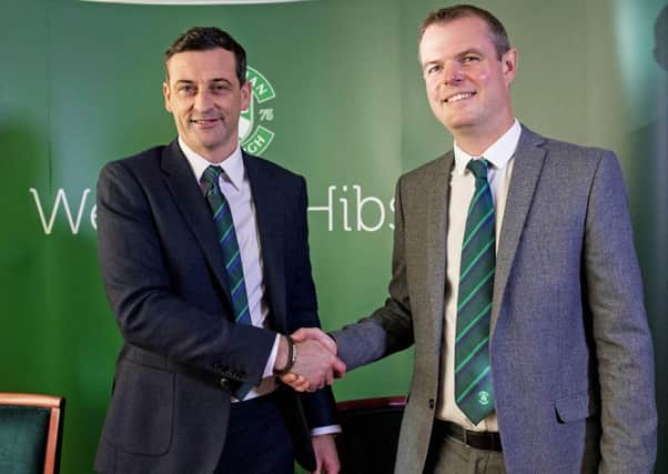 Hibernian sporting director Graeme Mathie, right, welcomes new manager Jack Ross to the club. Picture: Craig Williamson/SNS