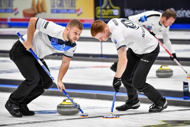 Scotland's Kyle Waddell and Duncan Menzies during the defeat by Sweden in the semi-final of the European Curling Championships in Helsingborg. Picture: AFP via Getty Images