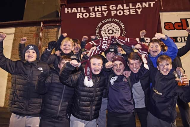Linlithgow Rose supporters get in the mood for their Scottish Cup third round tie with Falkirk at Prestonfield. Picture: Rob Casey/SNS