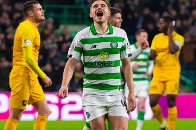James Forrest celebrates making it 3-0 to the hosts. Picture: SNS