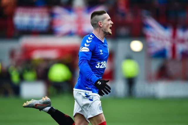Ryan Kent celebrates the first of his two goals. Picture: SNS