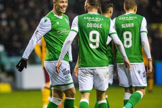 Goalscorer Florian Kamberi, left, is all smiles during Hibs' 3-1 victory over Motherwell. Picture: SNS