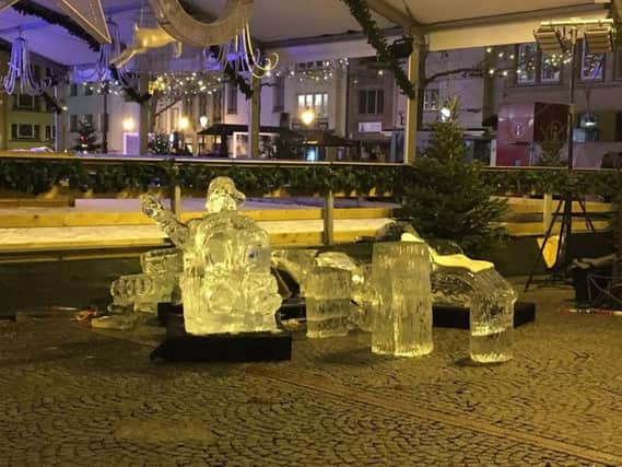The shattered ice statue at Place Guillaume II Christmas Market. Picture: Police Luxembourg Facebook