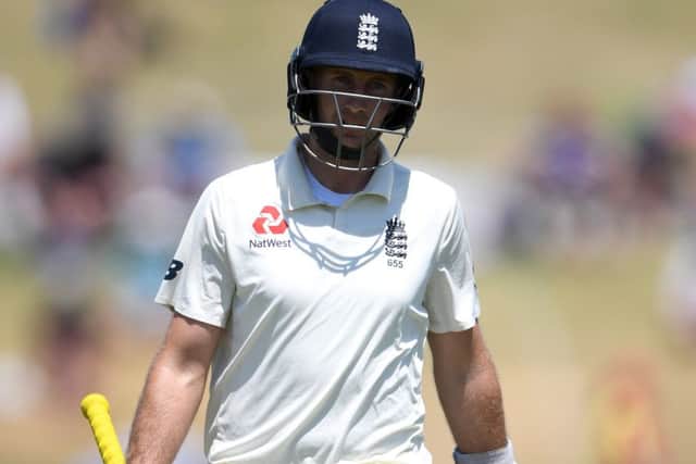 England captain Joe Root trudges off the field after his dismissal. Picture: Gareth Copley/Getty