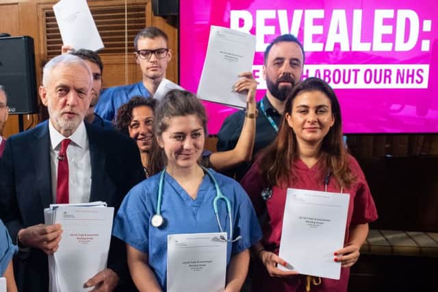 Jeremy Corbyn and NHS staff hold government documents detailing discussions about the NHS in US-UK trade talks (Picture: Dominic Lipinski/PA Wire)