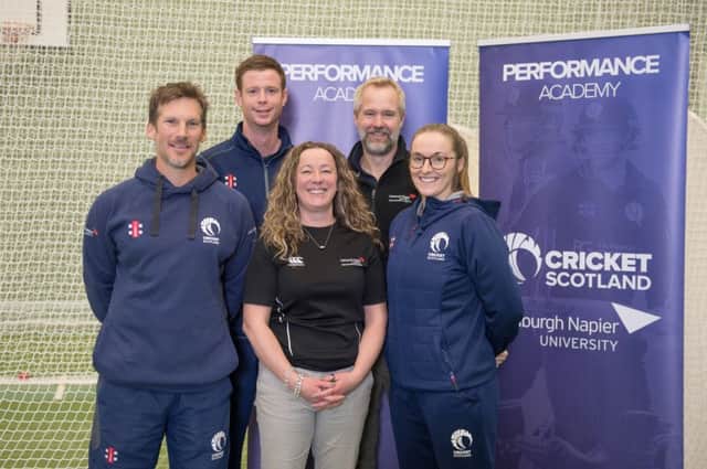 Edinburgh Napier University and Cricket Scotland launch a new Performance Academy, with L-R (back row) Alasdair Evans, Cedric English and (front row) Toby Bailey, Susan Brown and Abbi Aitken-Drummond.
