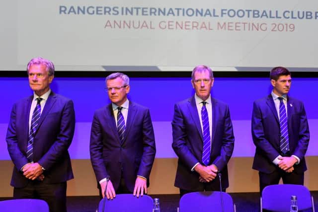 Rangers director Alastair Johnston, managing director Stewart Robertson, chairman Dave King and manager Steven Gerrard at the Rangers agm. Picture: Paul Devlin/ SNS