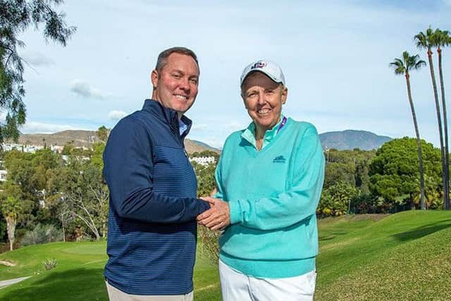 LPGA commissioner Mike What and LET Board chair Marta Figueras-Dotti shake on the merger between the circuits after a meeting in Spain