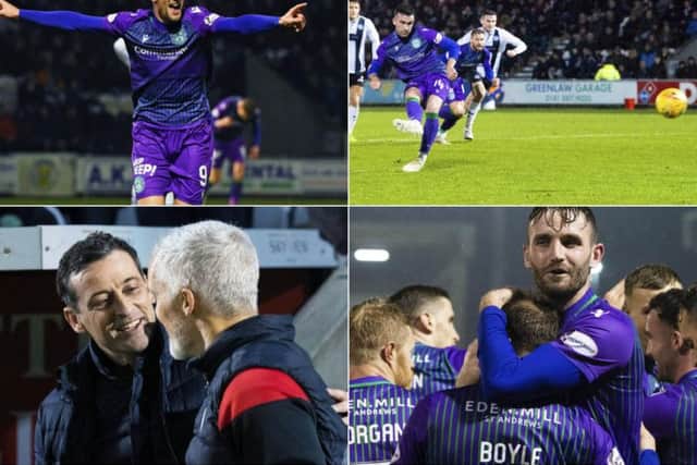 Clockwise from top left: Doidge celebrates his goal, Mallan converts from the spot, Hibs celebrate the second goal and Jack Ross greets Jim Goodwin