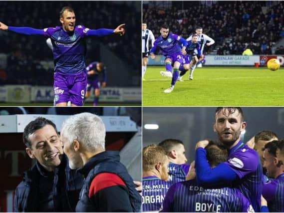 Clockwise from top left: Doidge celebrates his goal, Mallan converts from the spot, Hibs celebrate the second goal and Jack Ross greets Jim Goodwin