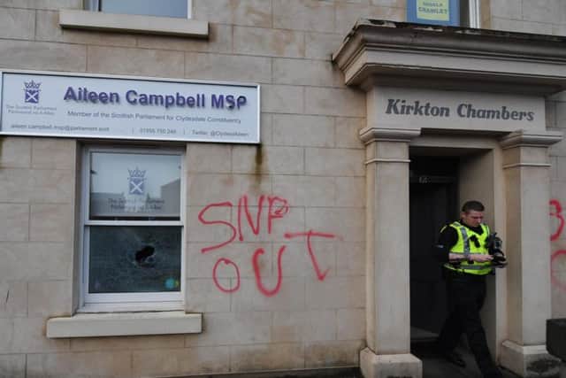 The office of Clydesdale MSP Aileen Campbell in Carluke was spray-painted with 'SNP Out' and a window was smashed. Picture: John Devlin
