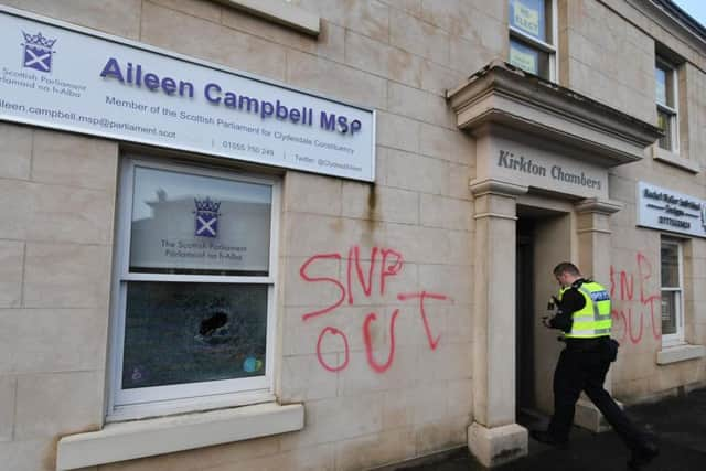 The office of Clydesdale MSP Aileen Campbell in Carluke was spray-painted with 'SNP Out' and a window was smashed. Picture: John Devlin