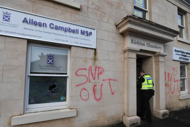 The office of Clydesdale MSP Aileen Campbell in Carluke was spray-painted with 'SNP Out' and a window was smashed. Picture: John Devlin