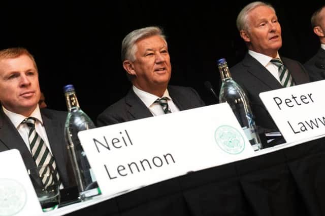 Neil Lennon, Peter Lawwell and Ian Bankier pictured at the AGM