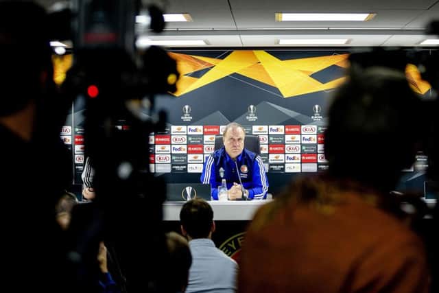 Feyenoord head coach Dick Advocaat gives a press conference on the eve of the Europa League match with Rangers. Picture: AFP via Getty Images
