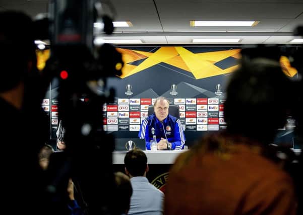 Feyenoord head coach Dick Advocaat gives a press conference on the eve of the Europa League match with Rangers. Picture: AFP via Getty Images