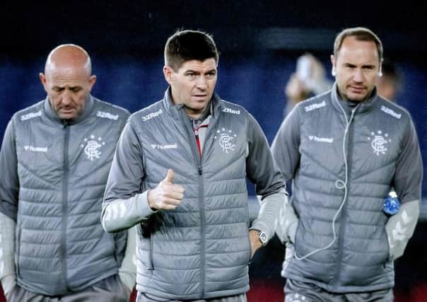 Steven Gerrard  and assistant manager Gary McAllister at De Kuip ahead of Rangers' Europa League tie against Feyenoord