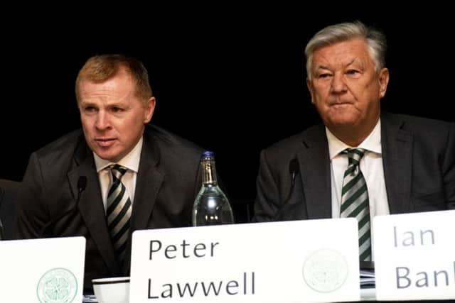 Neil Lennon and Peter Lawwell at the Celtic agm at Celtic Park. Picture: Gary Hutchison/SNS