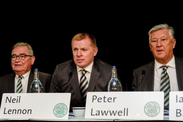 Celtic director Brian Wilson, manager Neil Lennon and chief executive Peter Lawwell at the club's agm. Picture: Gary Hutchison / SNS