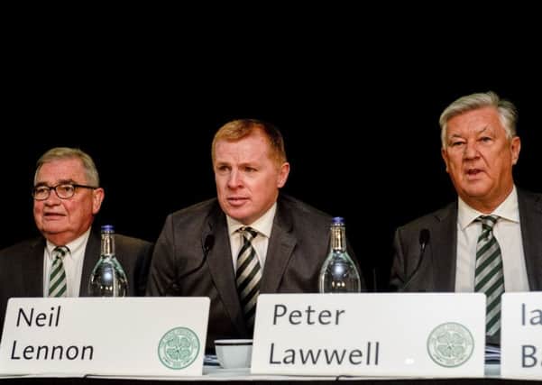 Celtic director Brian Wilson, manager Neil Lennon and chief executive Peter Lawwell at the club's agm. Picture: Gary Hutchison / SNS
