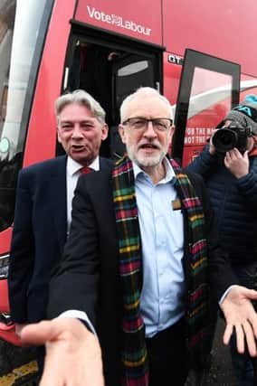 Labour Leader Jeremy Corbyn with Scottish leader Richard Leonard campaigning in Glasgow. Picture: John Devlin