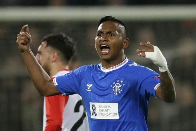 Rangers striker Alfredo Morelos celebrates scoring his side's first goal against Feyenoord at De Kuip stadium. Picture: Peter Dejong/AP