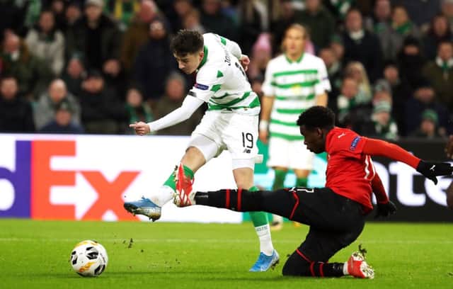 Celtic's Mikey Johnston scores his side's third goal against Rennes. Picture: Andrew Milligan/PA Wire