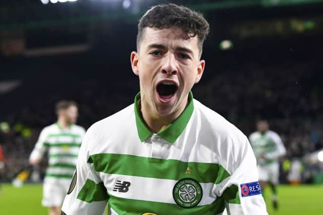 Celtic's Mikey Johnston celebrates his goal against Rennes at Parkhead. Picture: Rob Casey/SNS