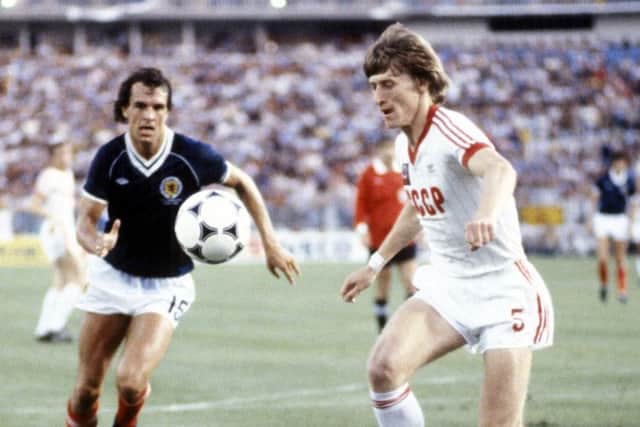 Elena's father Sergei Baltacha in action for the Soviet Union against 
Scotland's Joe Jordan at the 1982 World Cup in Spain.
