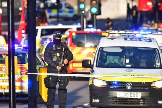 The eyewitness video appears to show a man being shot on the pavement of the north-bound carriageway on the western side, near Fishmongers' Hall.