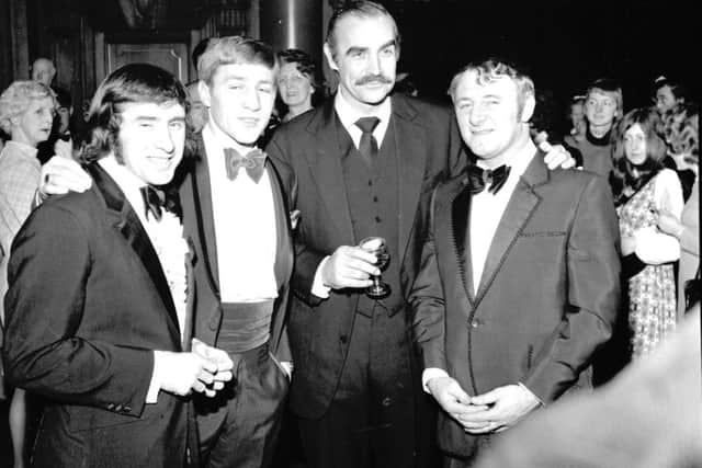 The year is 1972 and Ken Buchanan joins Sean Connery, Jackie Stewart and Tommy Docherty at the premiere of Diamonds Are Forever at the Odeon cinema in Edinburgh. Picture: TSPL
