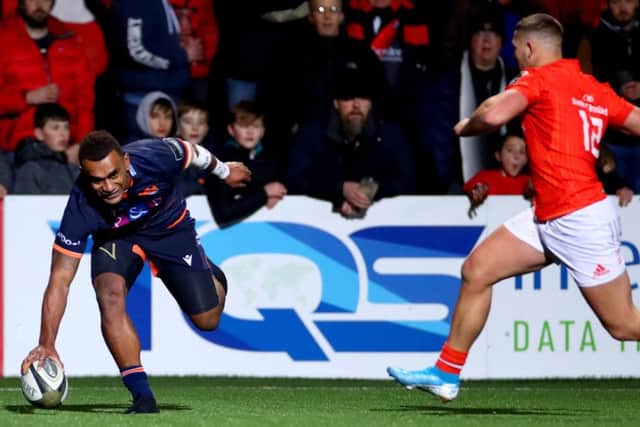 Eroni Sau touches down to score Edinburgh's second try against Munster. Picture: James Crombie/INPHO/Shutterstock