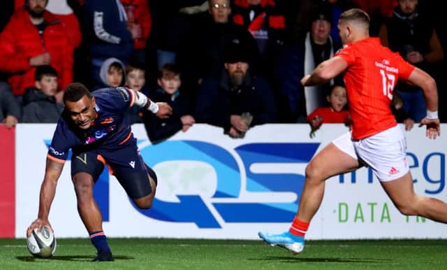 Eroni Sau touches down to score Edinburgh's second try against Munster. Picture: James Crombie/INPHO/Shutterstock
