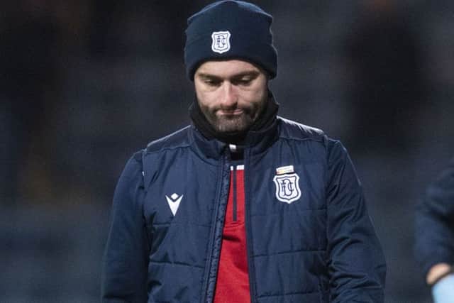 Dundee manager James McPake looks dejected at full time. Picture: Craig Foy / SNS