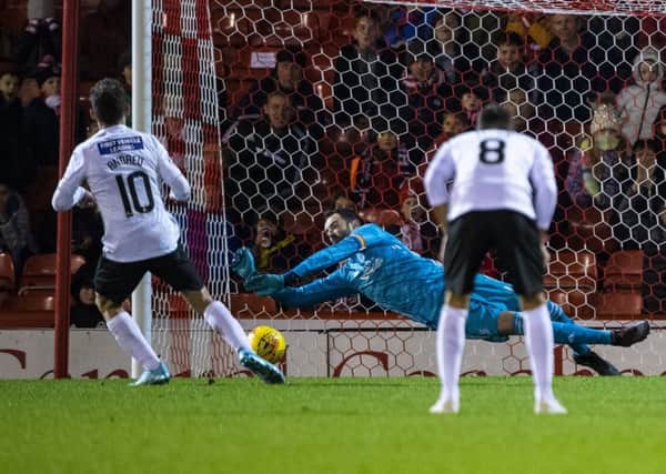 St Mirren's Tony Andreu sees his penalty saved by Aberdeen goalkeeper Joe Lewis. Picture: Bill Murray / SNS