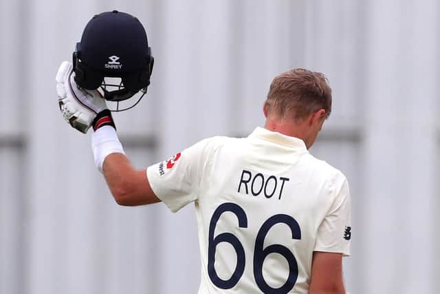 England captain Joe Root celebrates his century on day three of the second Test against New Zealand. Picture: David Gray/AFP via Getty