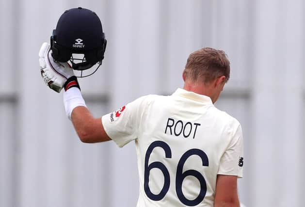 England captain Joe Root celebrates his century on day three of the second Test against New Zealand. Picture: David Gray/AFP via Getty