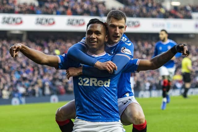 Rangers striker Alfredo Morelos celebrates after putting the Ibrox side 1-0 ahead against Hearts. Picture: Craig Foy/SNS