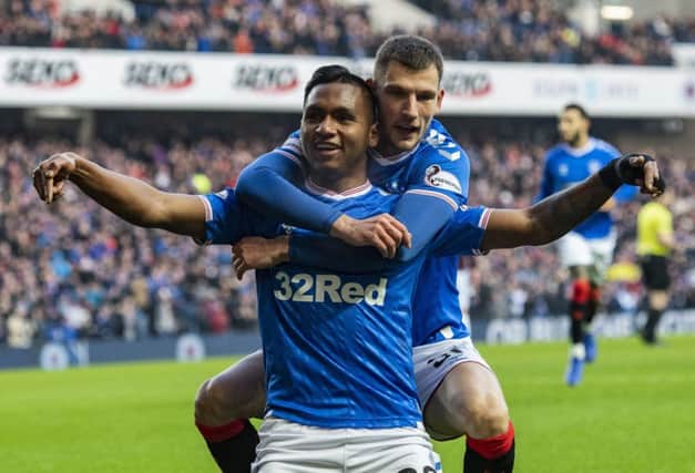 Rangers striker Alfredo Morelos celebrates after putting the Ibrox side 1-0 ahead against Hearts. Picture: Craig Foy/SNS