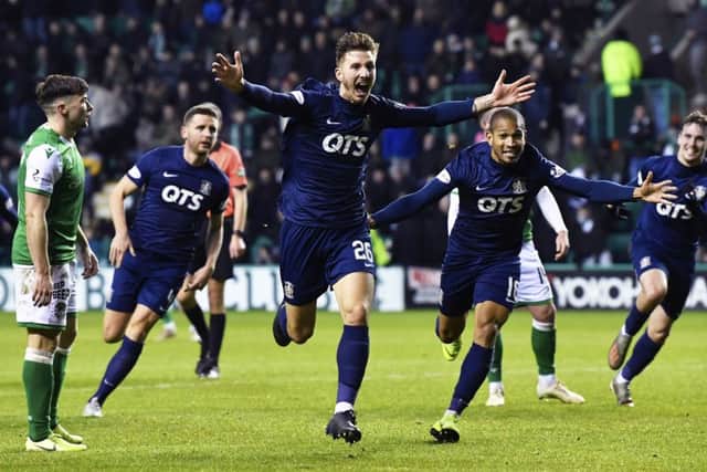 Kilmarnock's Dario del Fabro celebrates scoring his late equaliser at Easter Road. Picture: Rob Casey/SNS