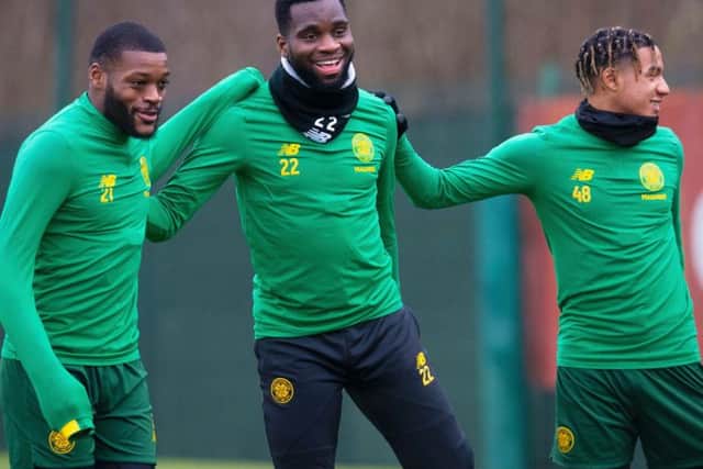 Odsonne Edouard, centre, returned to Celtic training on Tuesday, alongside Olivier Ntcham, left, and Armstrong Oko-Flex. Picture: Craig Foy/SNS